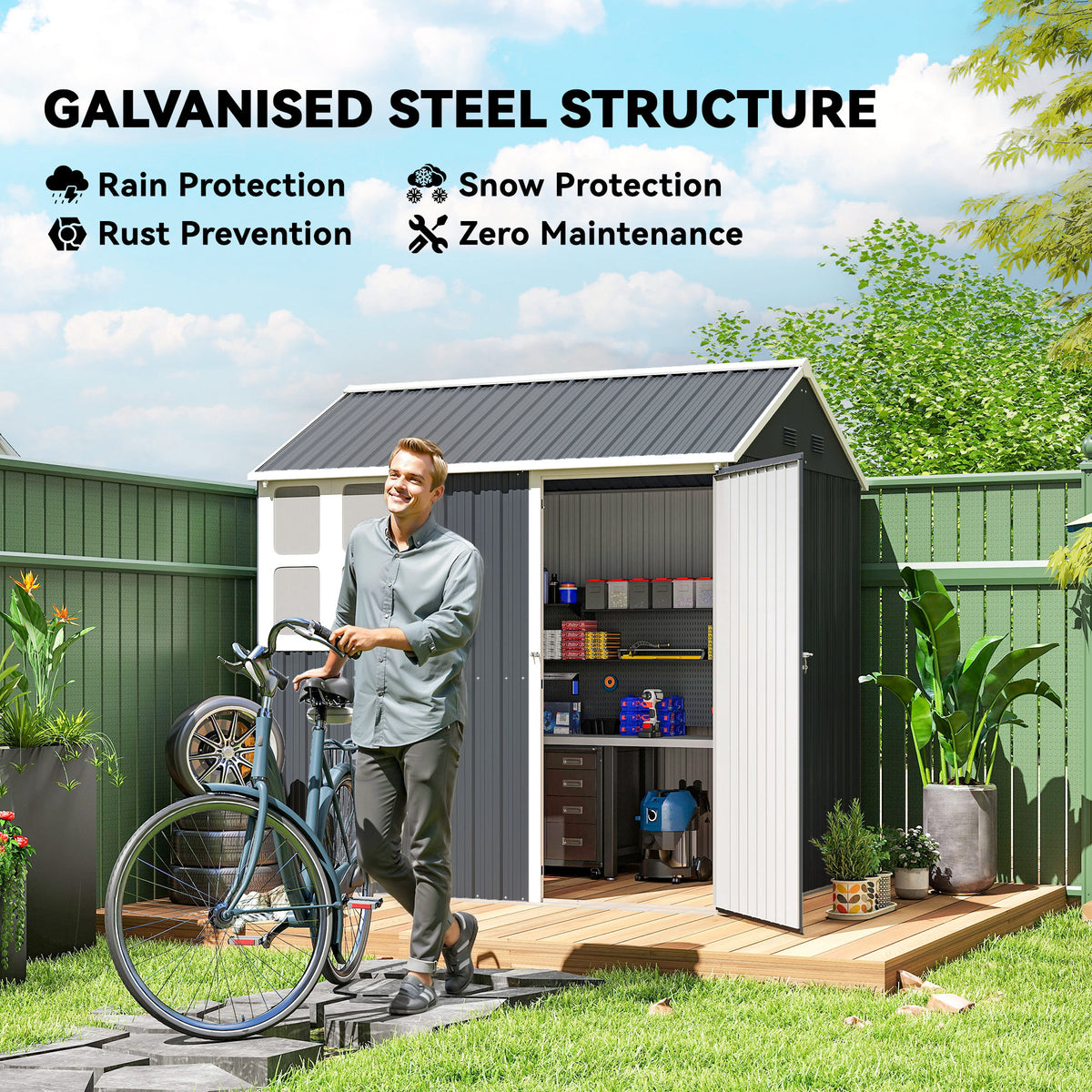 7' x 5.5' Metal Garden Storage Shed, Outdoor Tool Storage House with Lockable Door, Vents, Sloped Roof