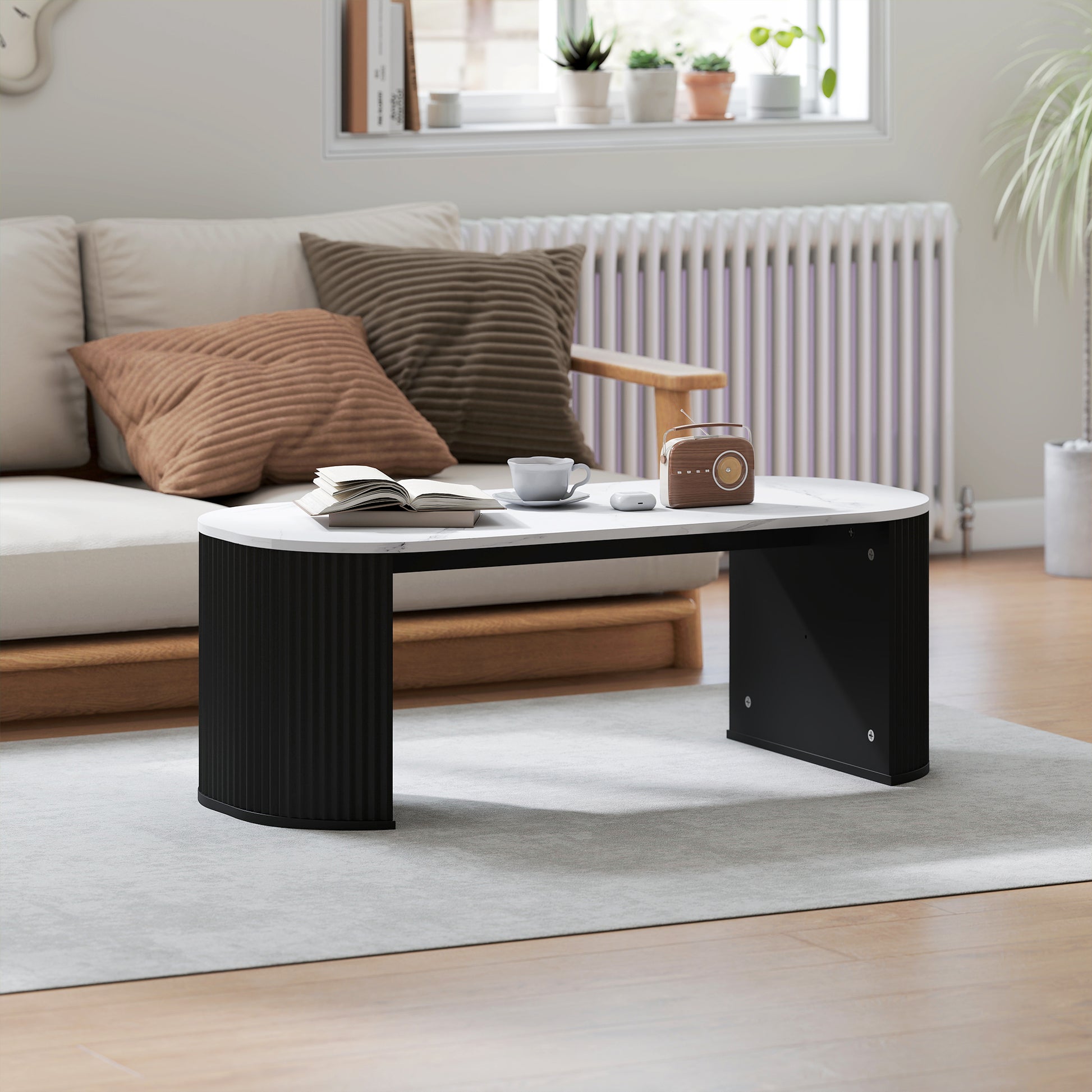 HOMCOM Modern Marble-Effect Coffee Table, Rounded Corners, Thick Black Legs