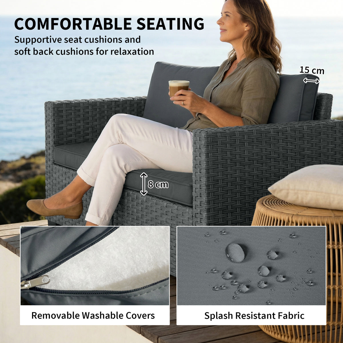 2 Seater Outdoor Couch Patio Sofa with Deep Seat, Cushions, Wide Armrests for Garden, Balcony, Porch