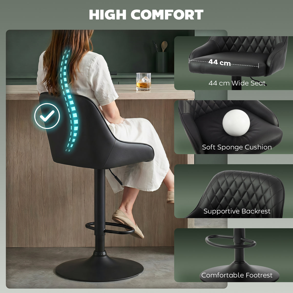 Diamond-Quilted Adjustable Swivel Kitchen Bar Stools with Backrest, Set of 2, Black