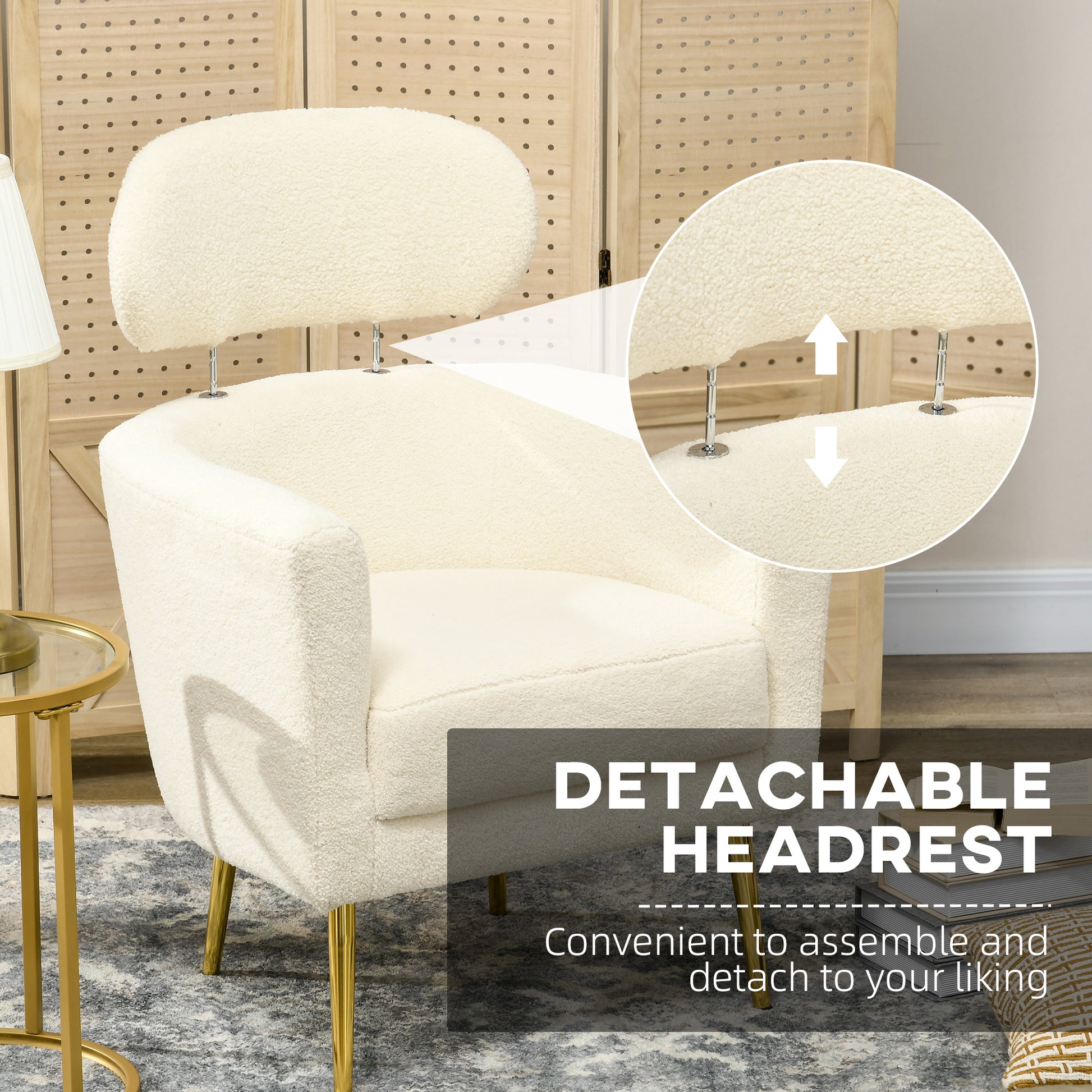 HOMCOM Modern Cream White Barrel Accent Armchair with Detachable Headrest