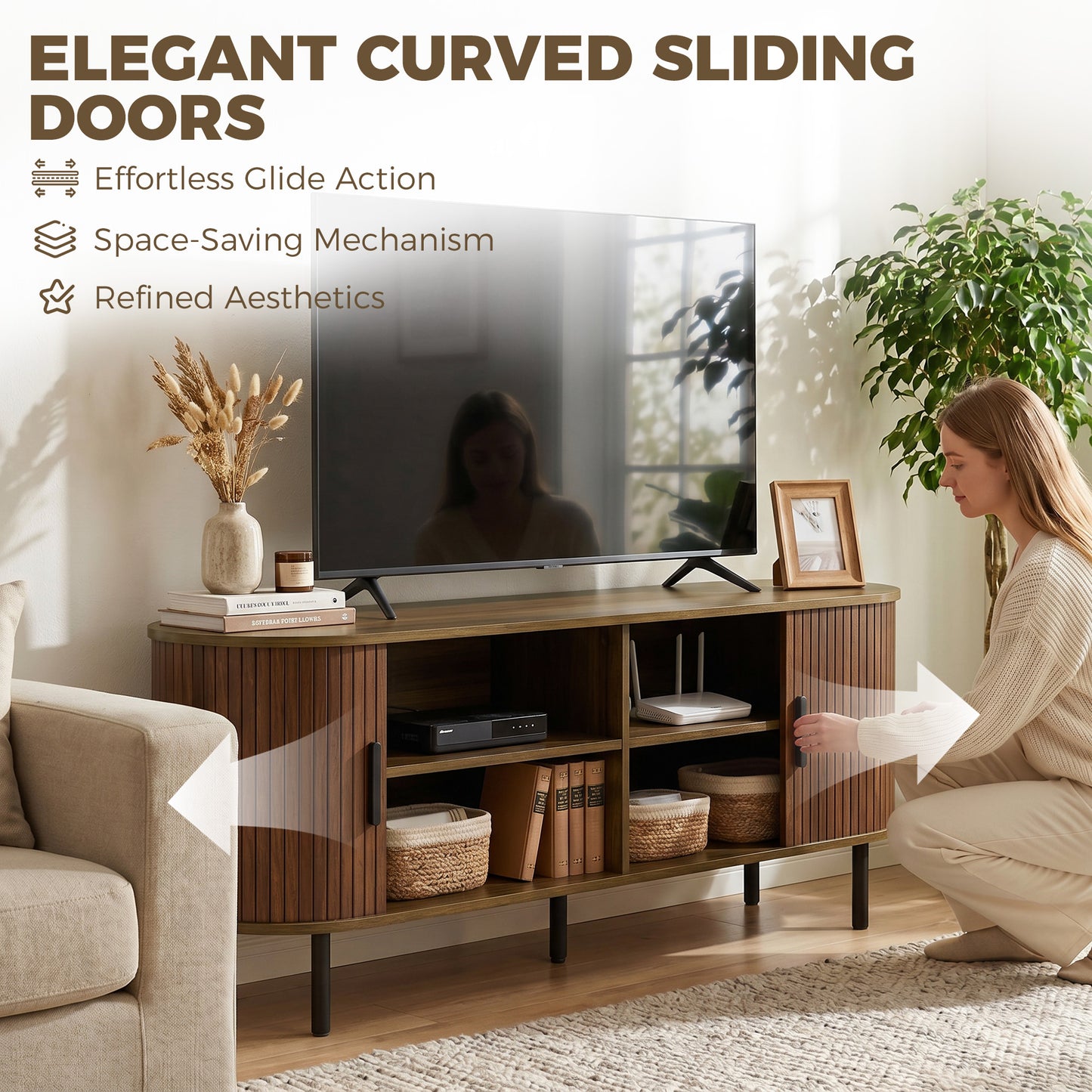 HOMCOM TV Stand Curved Sliding Doors Walnut Brown 60"