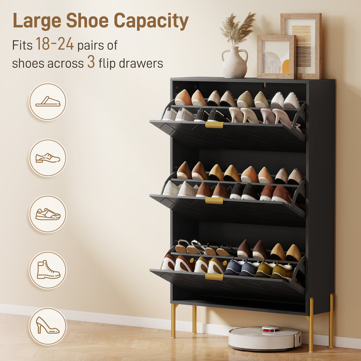 Shoe Cabinet with 3 Flip Drawers – 31"W x 50"H