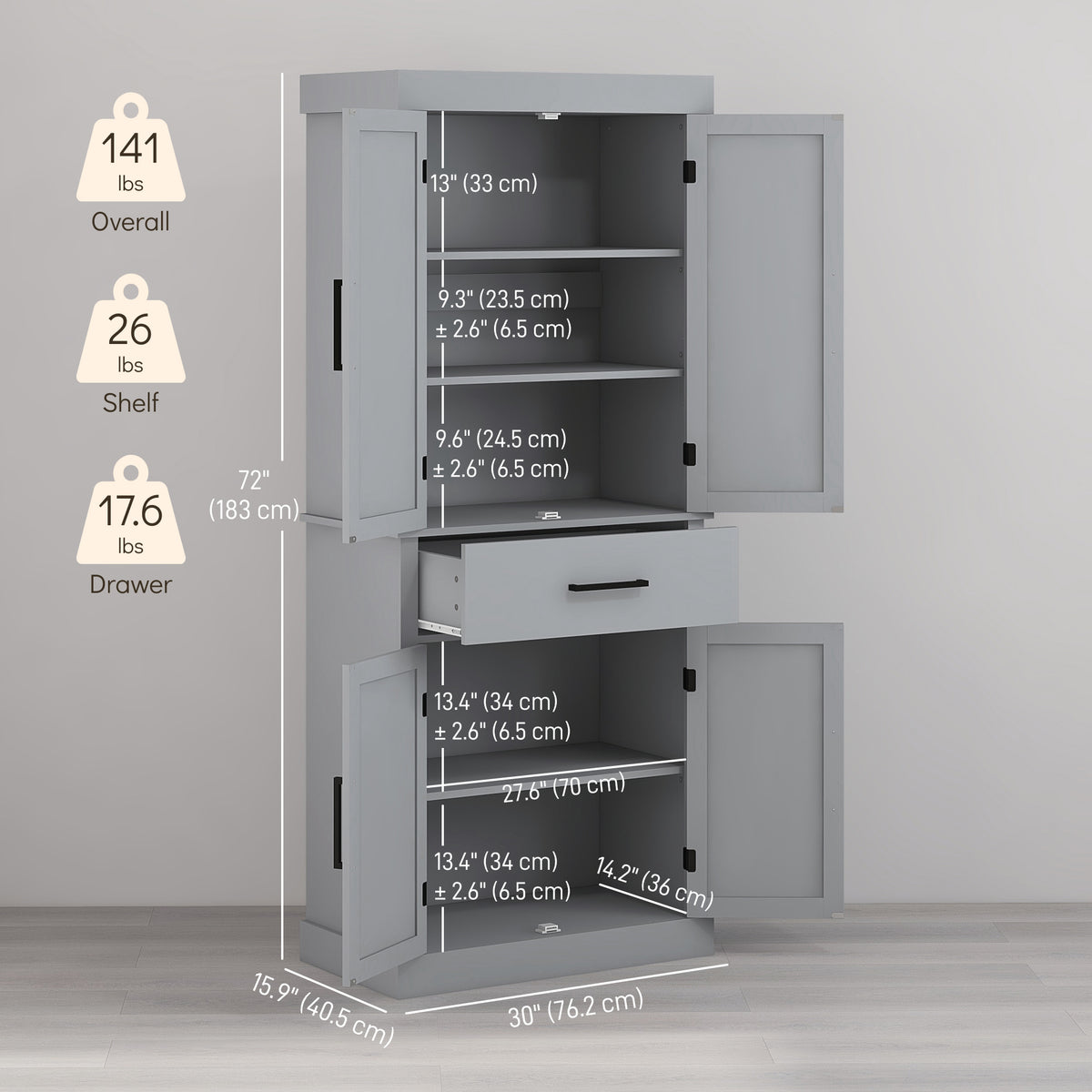 Farmhouse Kitchen Pantry Cabinet with 4 Barn Doors – 30"W x 72"H