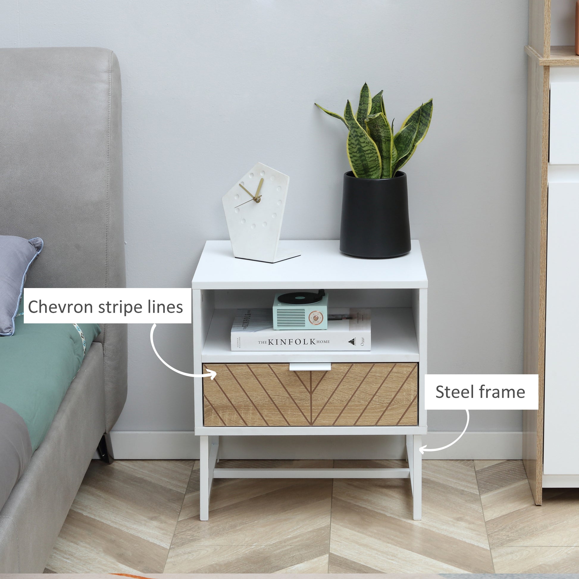 Modern Bedside Table with Drawer and Shelf, White Oak Nightstand