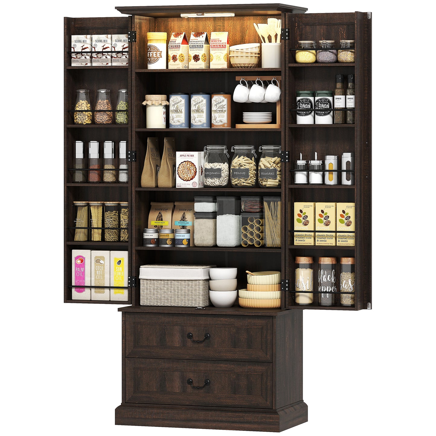 LED Kitchen Pantry Cabinet with Smart Sensor Light, White