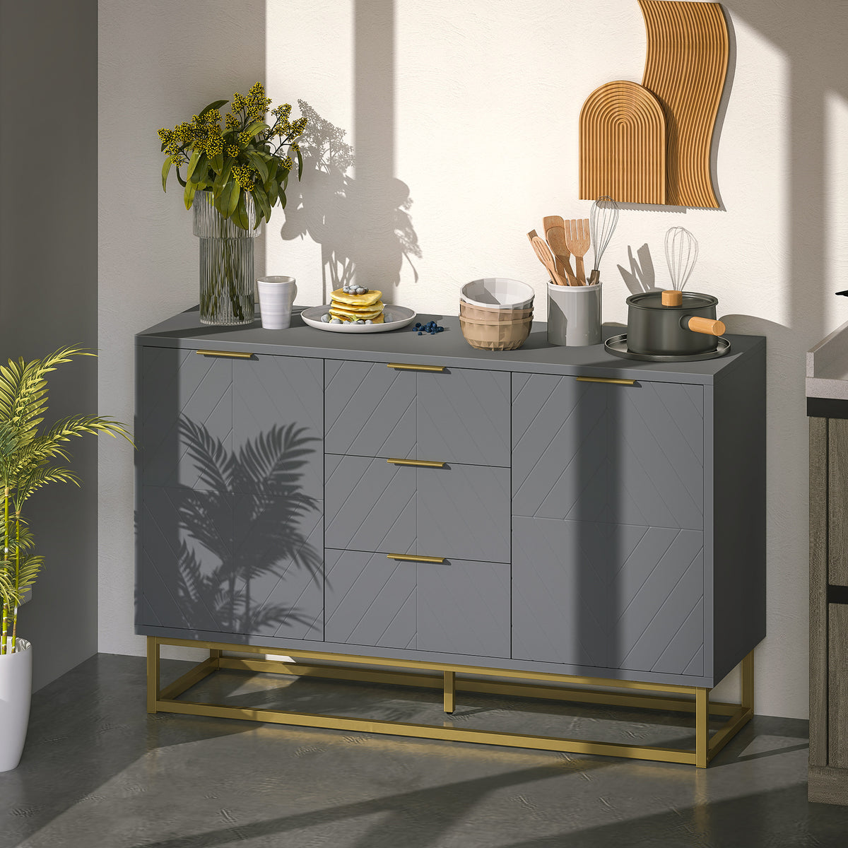47" Sideboard with 3 Drawers and Gold Base, Grey