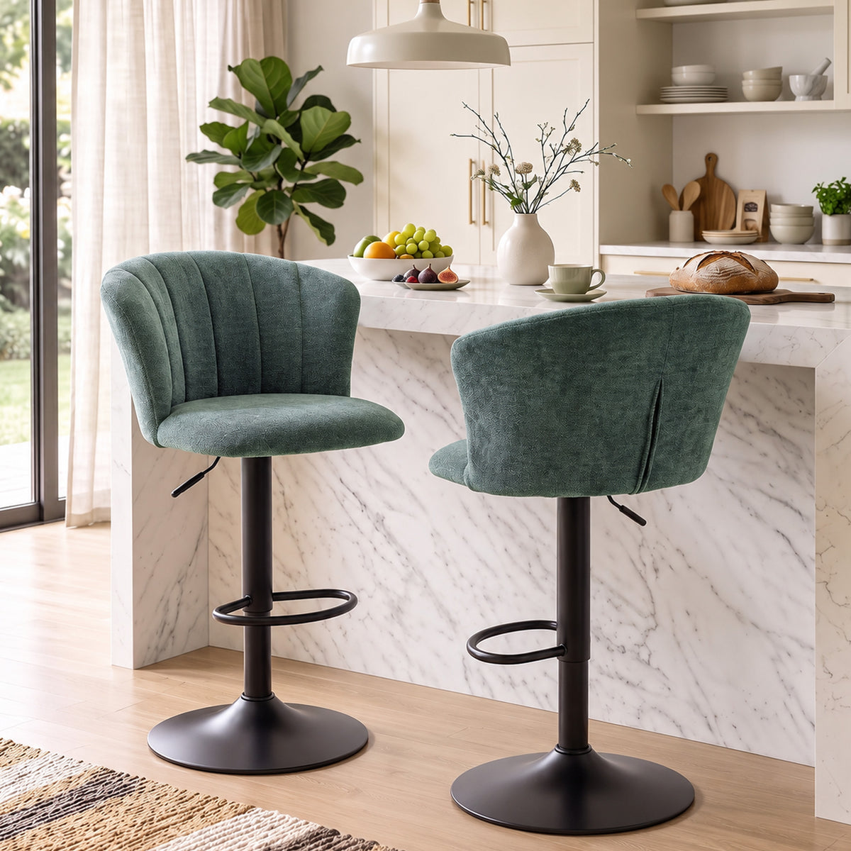 Chenille Adjustable Swivel Bar Stools with Back and Footrest, Set of 2, Dark Green