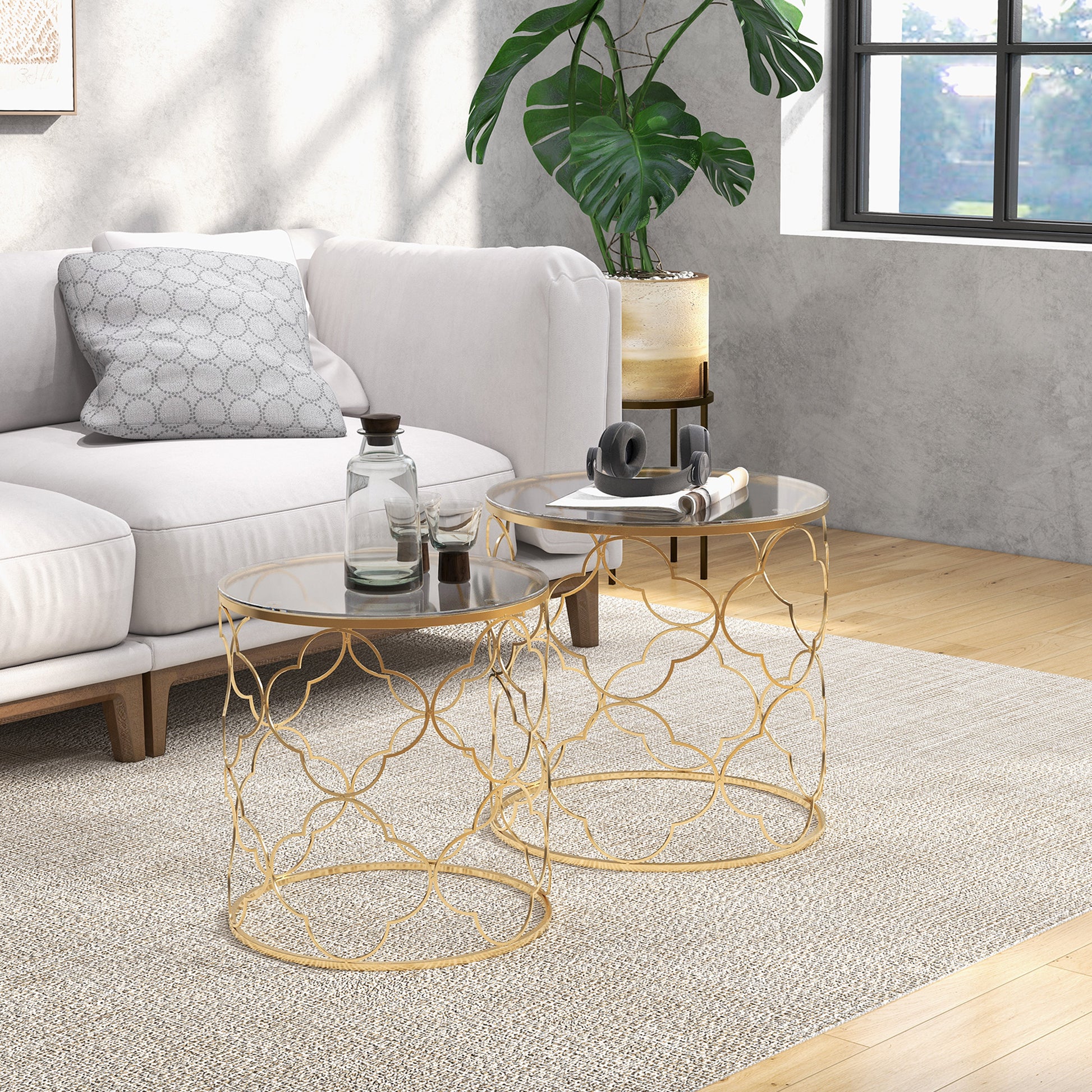 Elegant Gold Tempered Glass Nesting Coffee End Table Set (2 Pieces)
