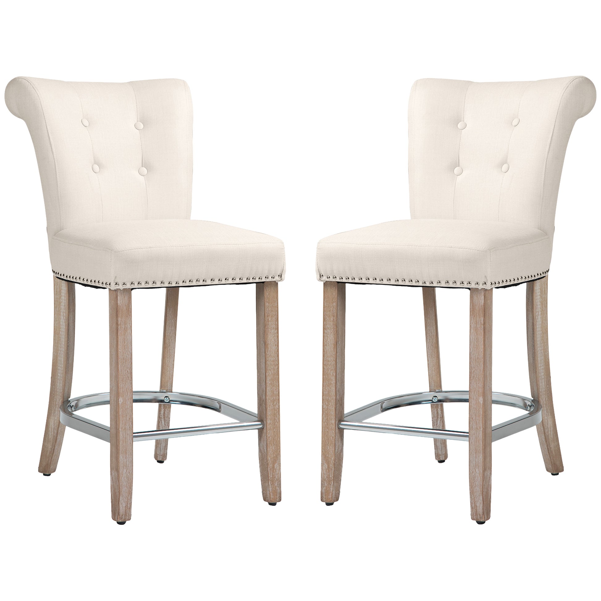HOMCOM Set of Two Cream White Upholstered Counter Height Bar Stools