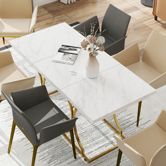 59" Marble-Pattern Dining Table for 6 with Arched Metal Pedestal
