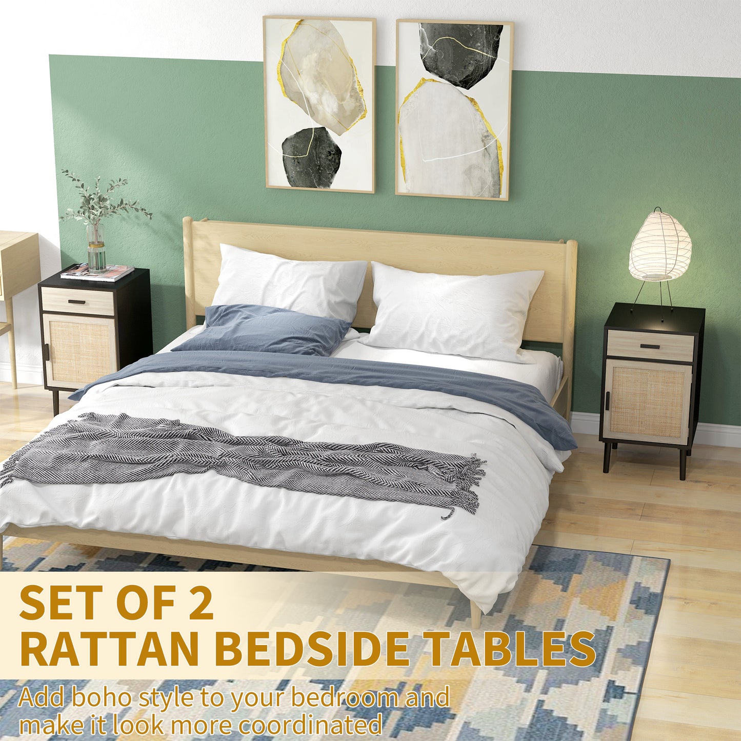 Elegant Dual Boho Rattan Nightstands with Drawer, Adjustable Shelf, Black Finish