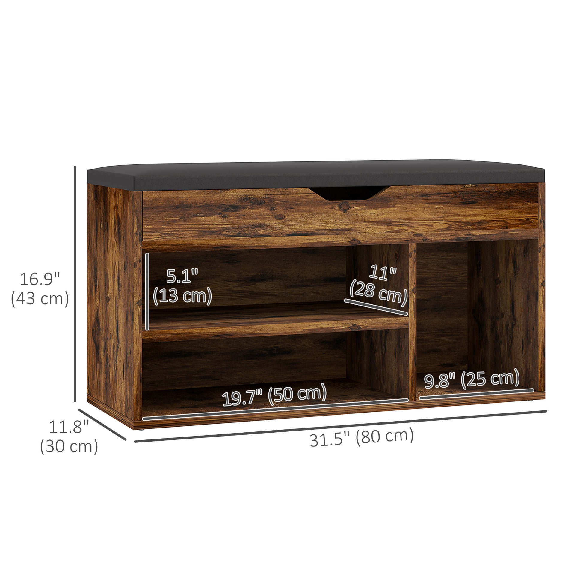 HOMCOM Rustic Brown Entryway Shoe Bench Padded Seat, Hidden Storage & 3-Tier Rack