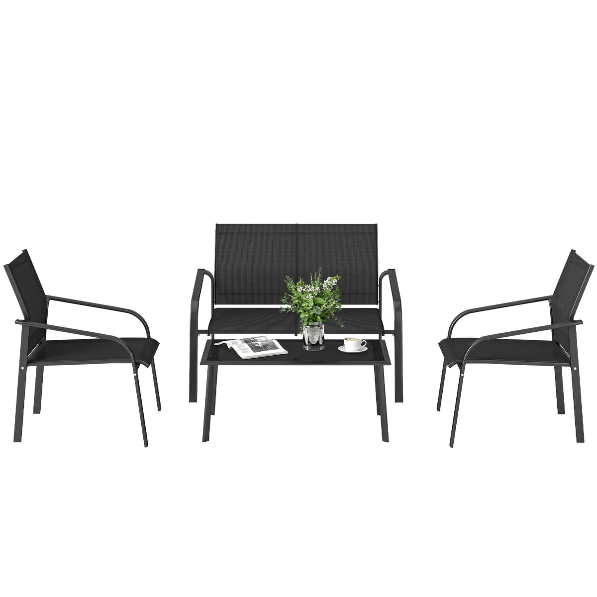 4 Piece Patio Furniture Set, Outdoor Conversation Set with Deep Seat, Loveseats, Armchairs, Glass-Top Table