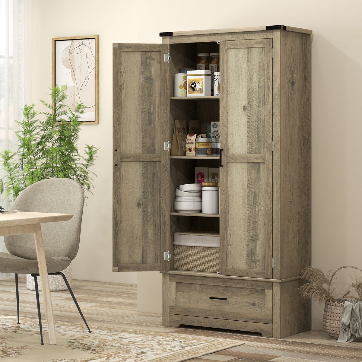 Tall Farmhouse Kitchen Pantry Cabinet with 2 Doors – 32"W x 69"H