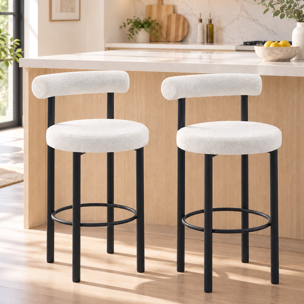 Sherpa Bar Height Stools with Backrest and Footrest, Set of 2, Cream White