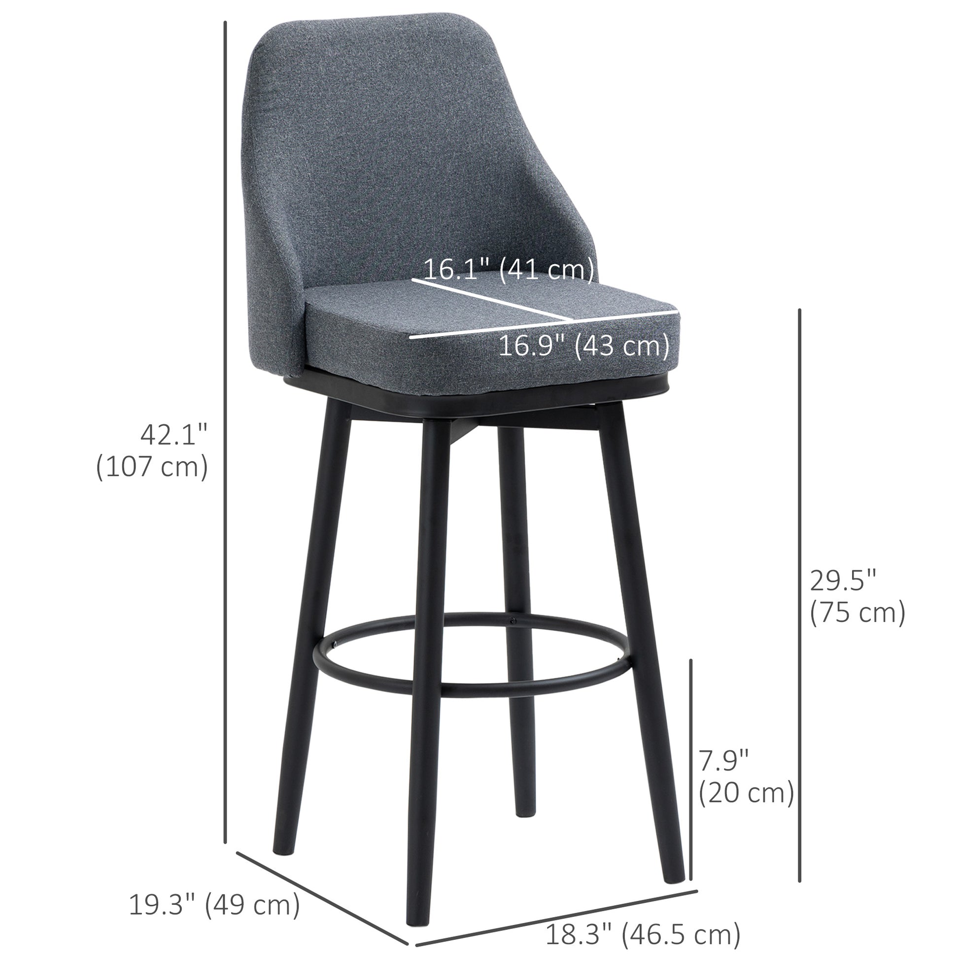 HOMCOM Extra Tall Bar Stools, 360° Swivel, Charcoal Grey