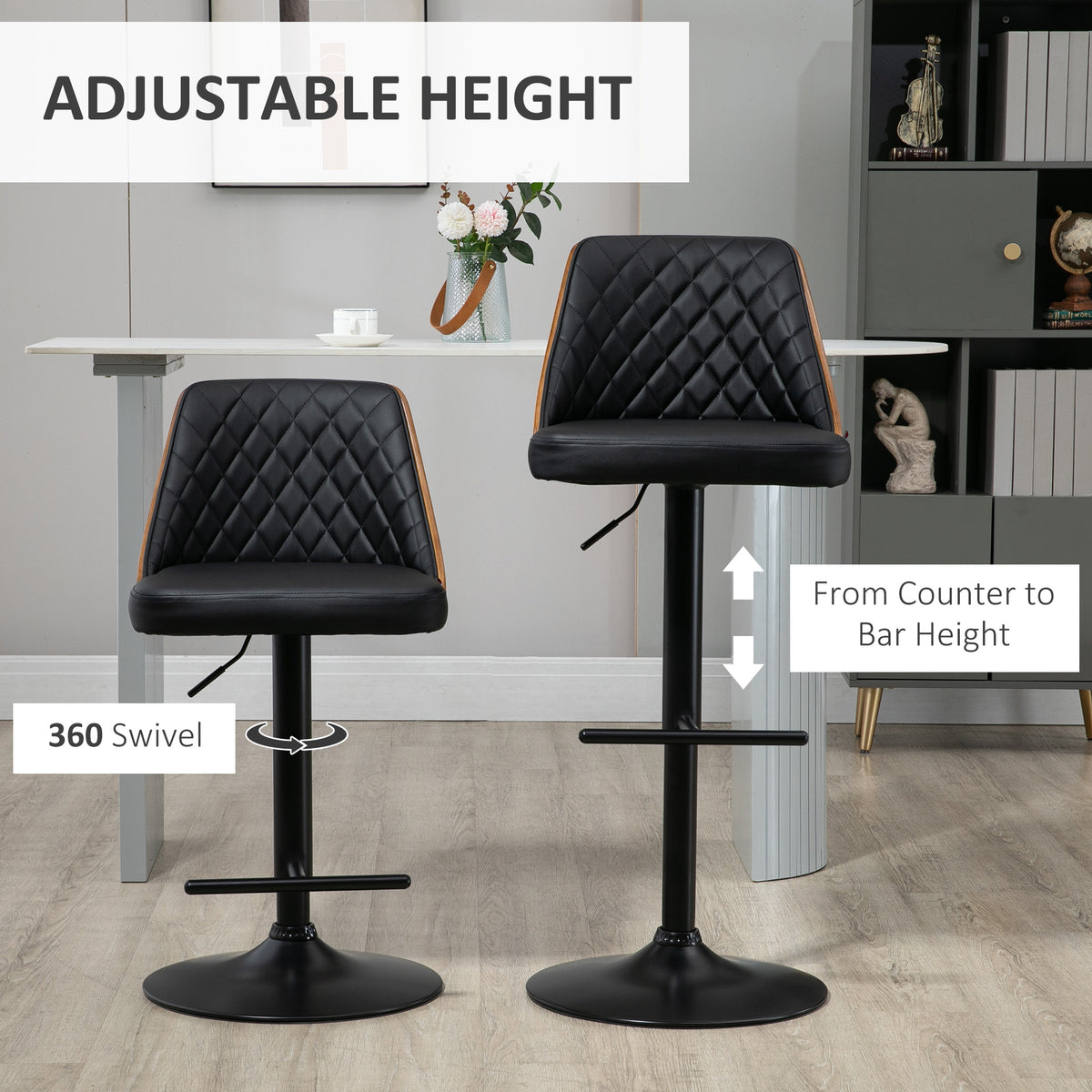 PU Leather Swivel Bar Height Stools with Wood Back, Adjustable, Set of 2, Black