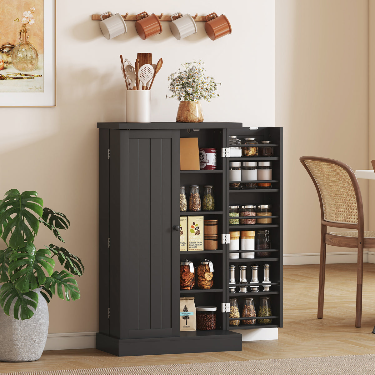 Kitchen Pantry Cabinet with 5-Tier Shelving and 12 Spice Racks – 24"W x 41"H