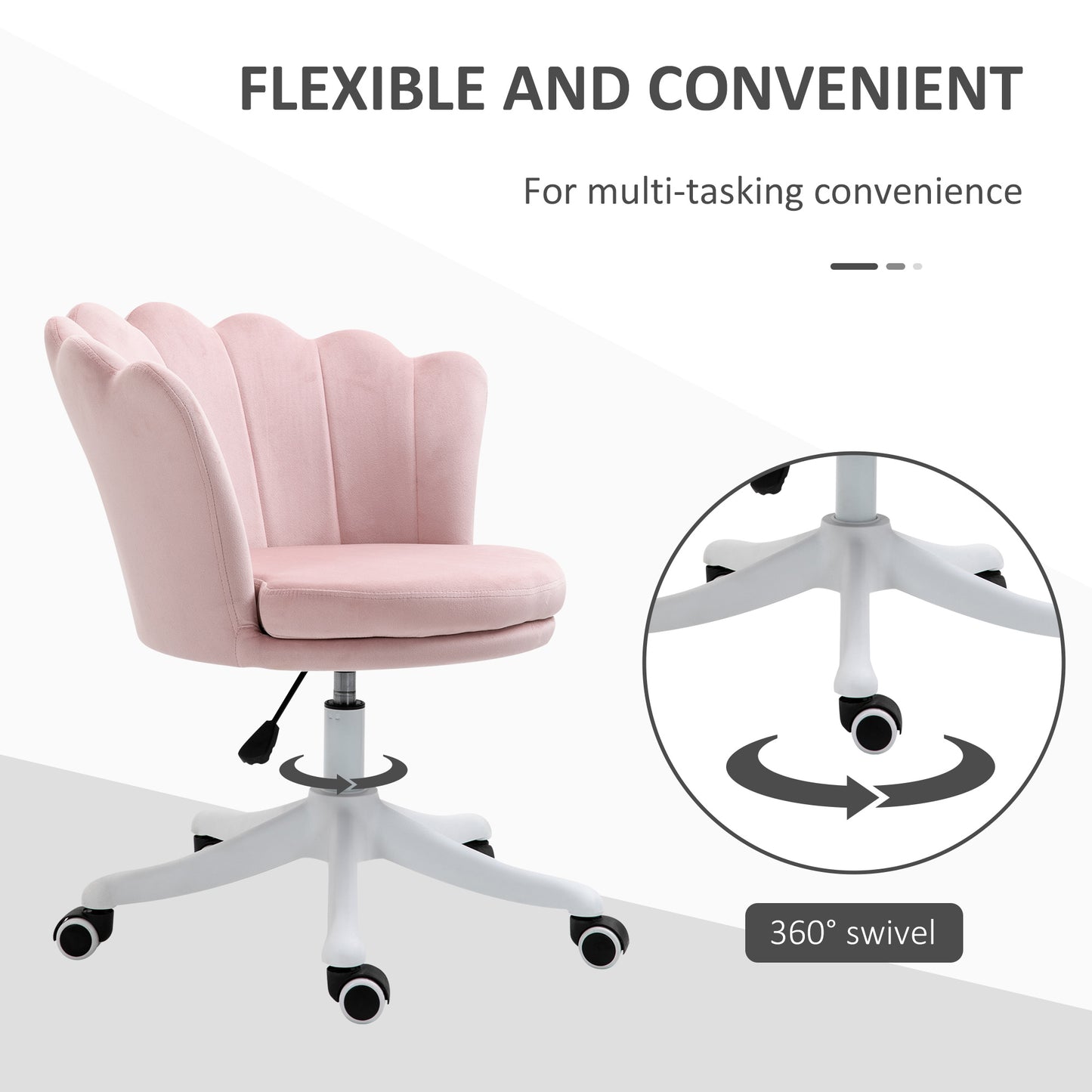 HOMCOM Pink Velvet Scallop Mid-Back Office Chair Adjustable Swivel Desk Computer Chair