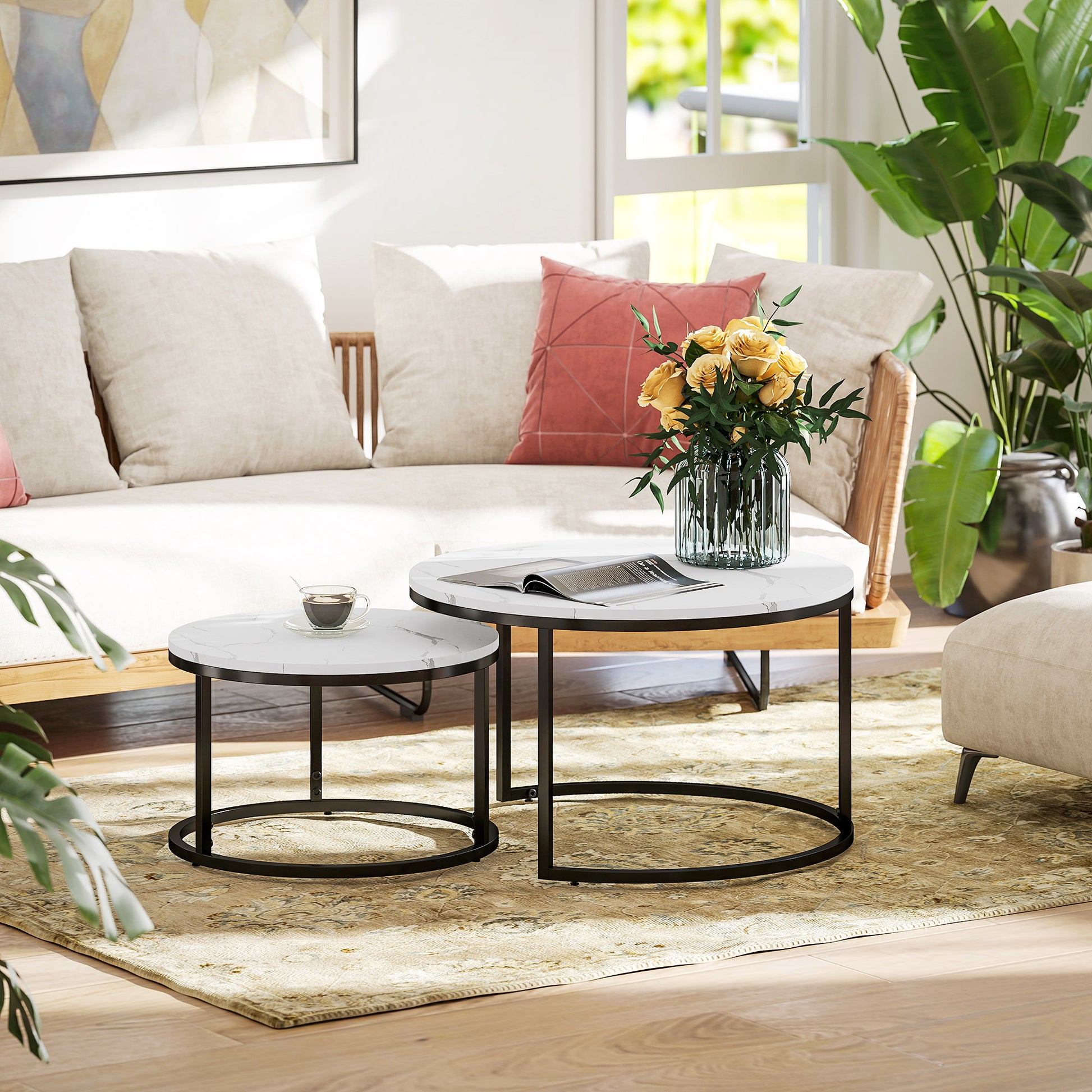 HOMCOM Modern 2-Piece Nesting Round Coffee Table Set, Metal Base