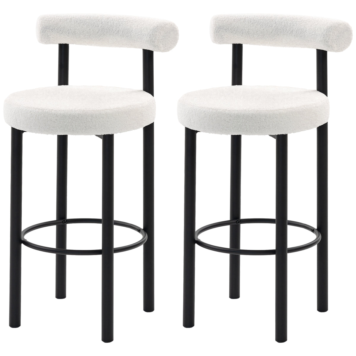 Sherpa Bar Height Stools with Backrest and Footrest, Set of 2, Cream White