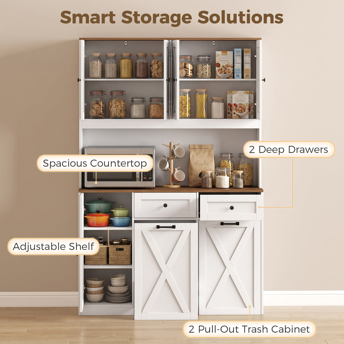 Pantry Cabinet with 13 Gallon Double Trash Can Cabinet – 47"W x 71"H