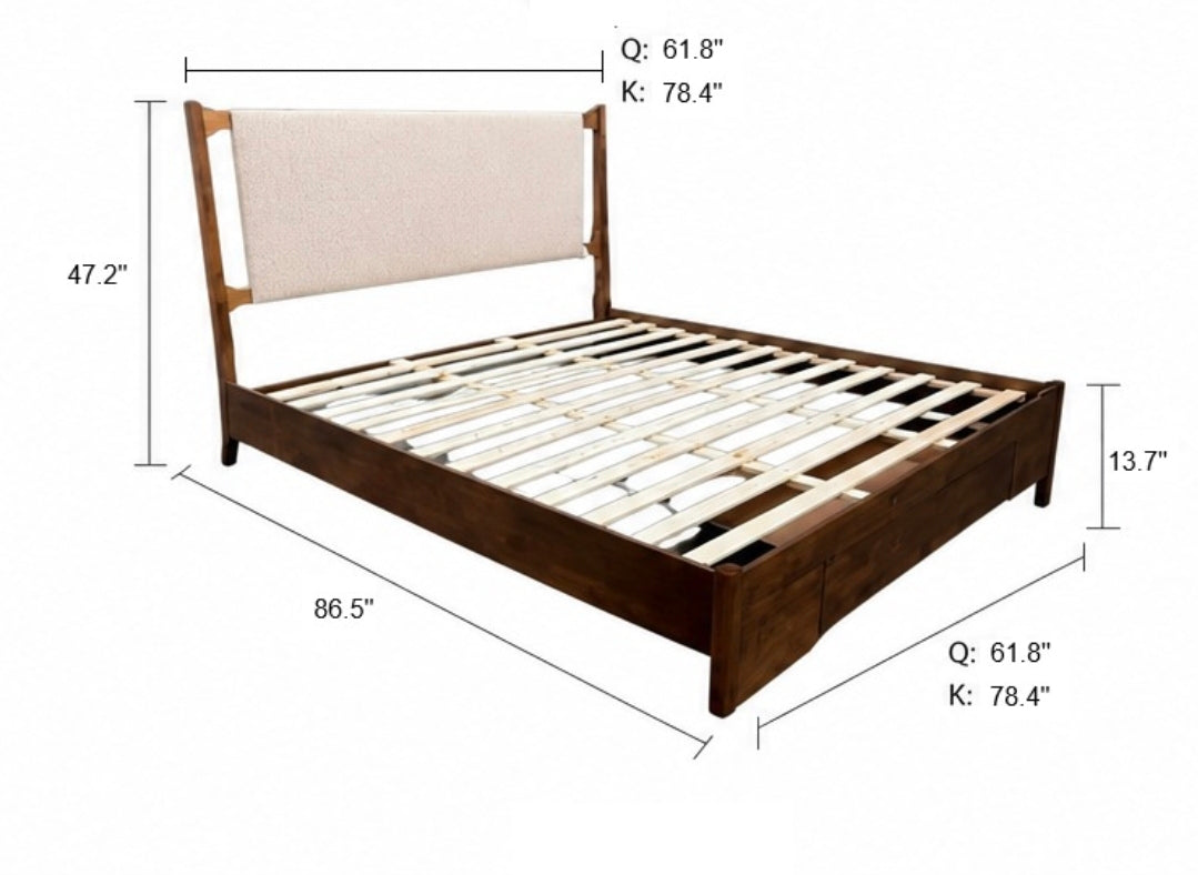 Alder Walnut Rubberwood Storage Bed with Beige Chenille Headboard