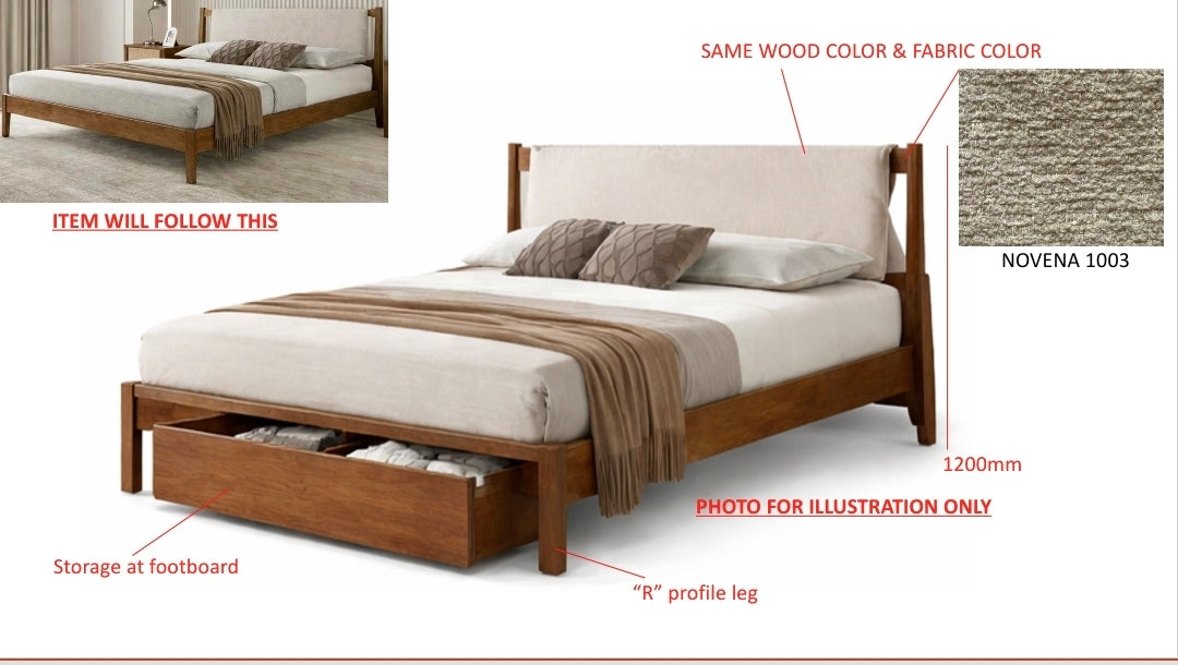 Alder Walnut Rubberwood Storage Bed with Beige Chenille Headboard