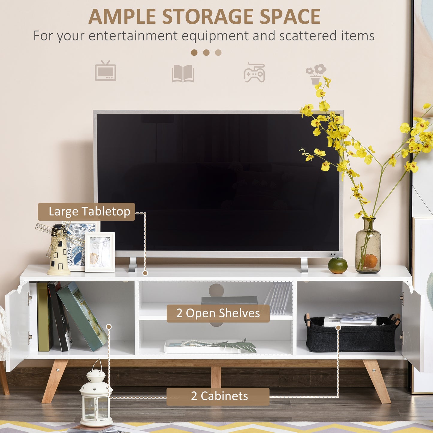 Sleek White Modern TV Stand, Storage for 65-inch TVs, Media Entertainment Center