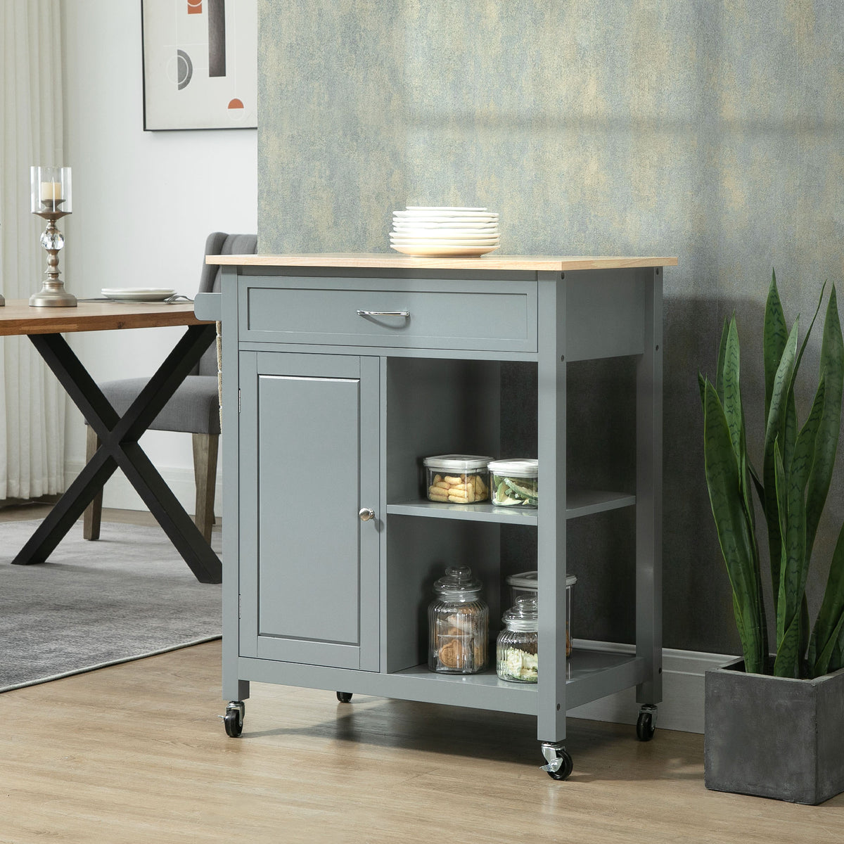 Rolling Kitchen Cart with Wood Top and Drawer – 33"W x 35"H