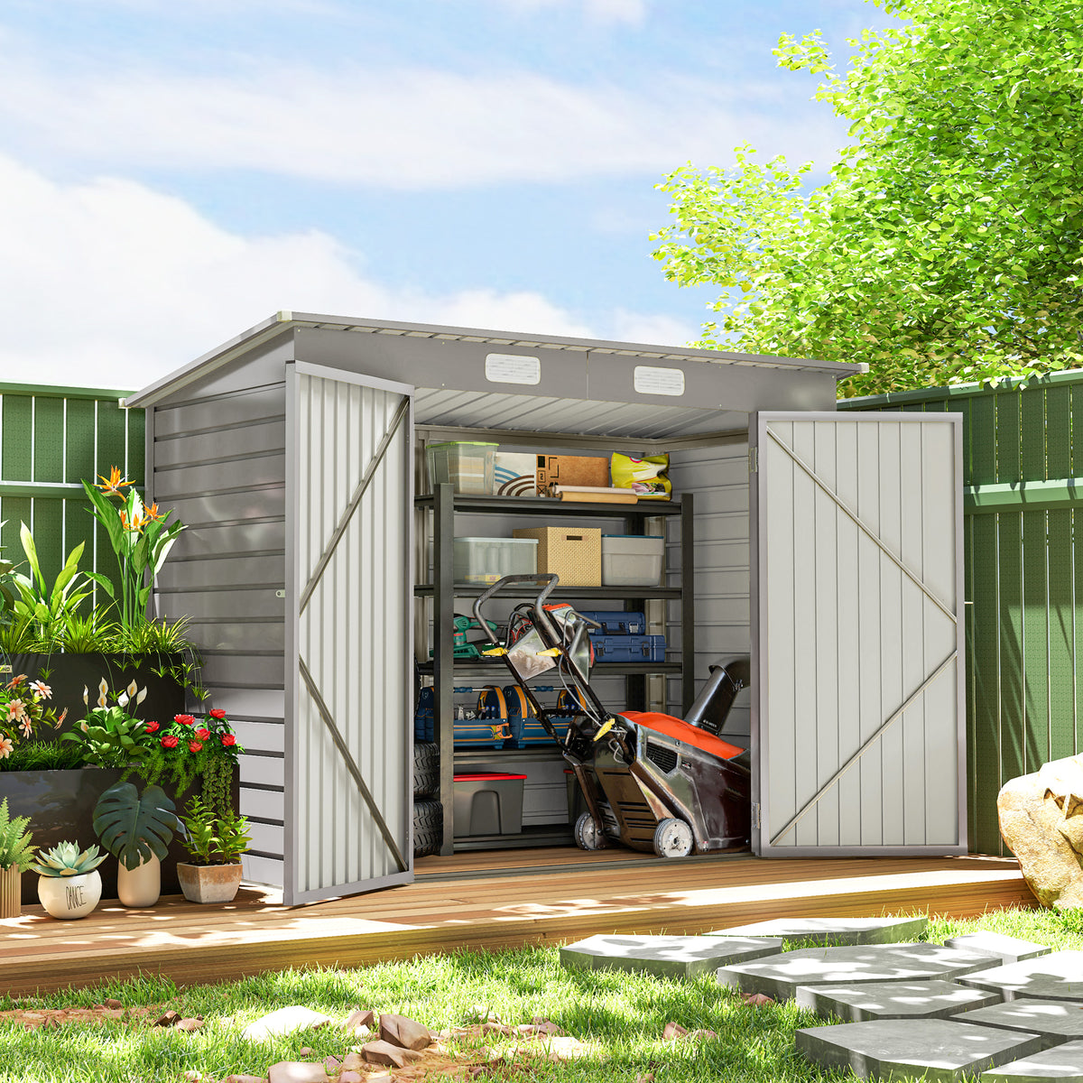 8 x 4FT Galvanized Garden Storage Shed, Metal Outdoor Shed with Double Doors and 2 Vents – Light Grey