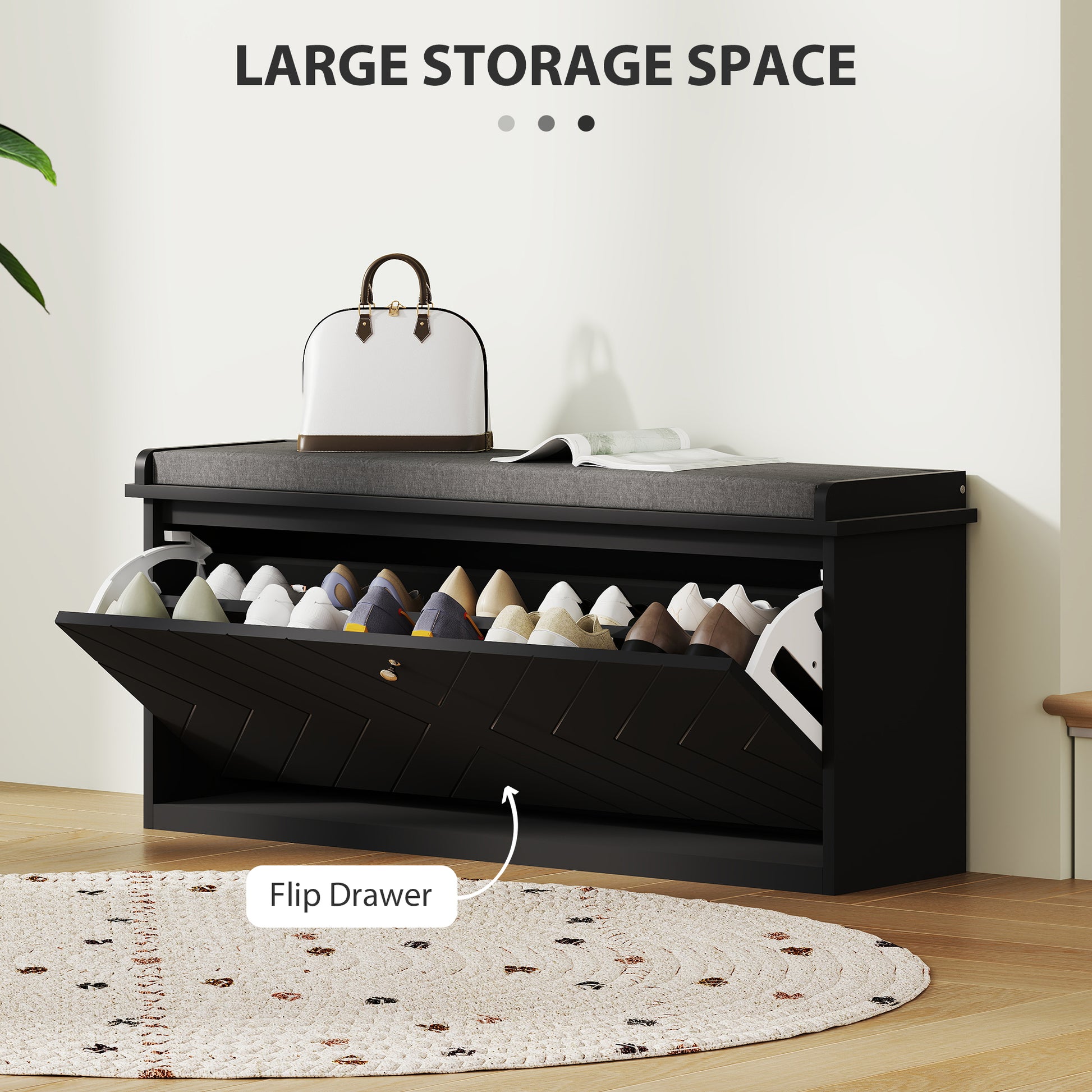 HOMCOM Upholstered Hallway Shoe Bench with Flip Drawer, Adjustable Storage Shelf