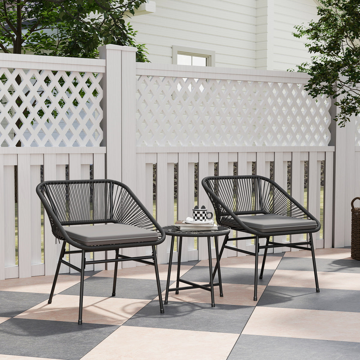 3 Piece Bistro Set, Wicker Outdoor Patio Furniture Set with Glass Top Table, Cushions for Balcony, Porch