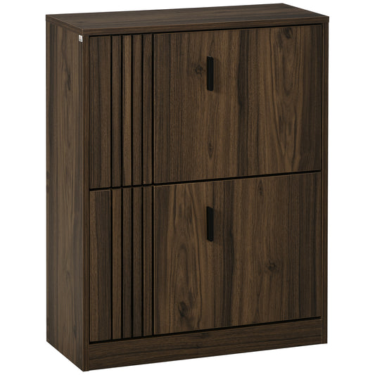 HOMCOM Modern Walnut Shoe Storage Cabinet, 2 Flip Drawers, Adjustable Shelves