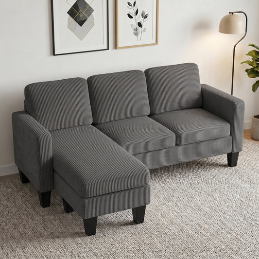 Corduroy L-Shaped Sectional with Reversible Chaise or Ottoman