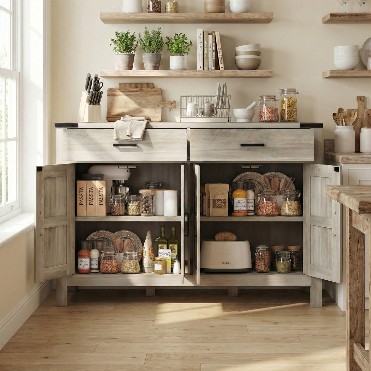 Farmhouse Kitchen Storage Cabinet with 2 Drawers and Shelves – 47"W x 33"H