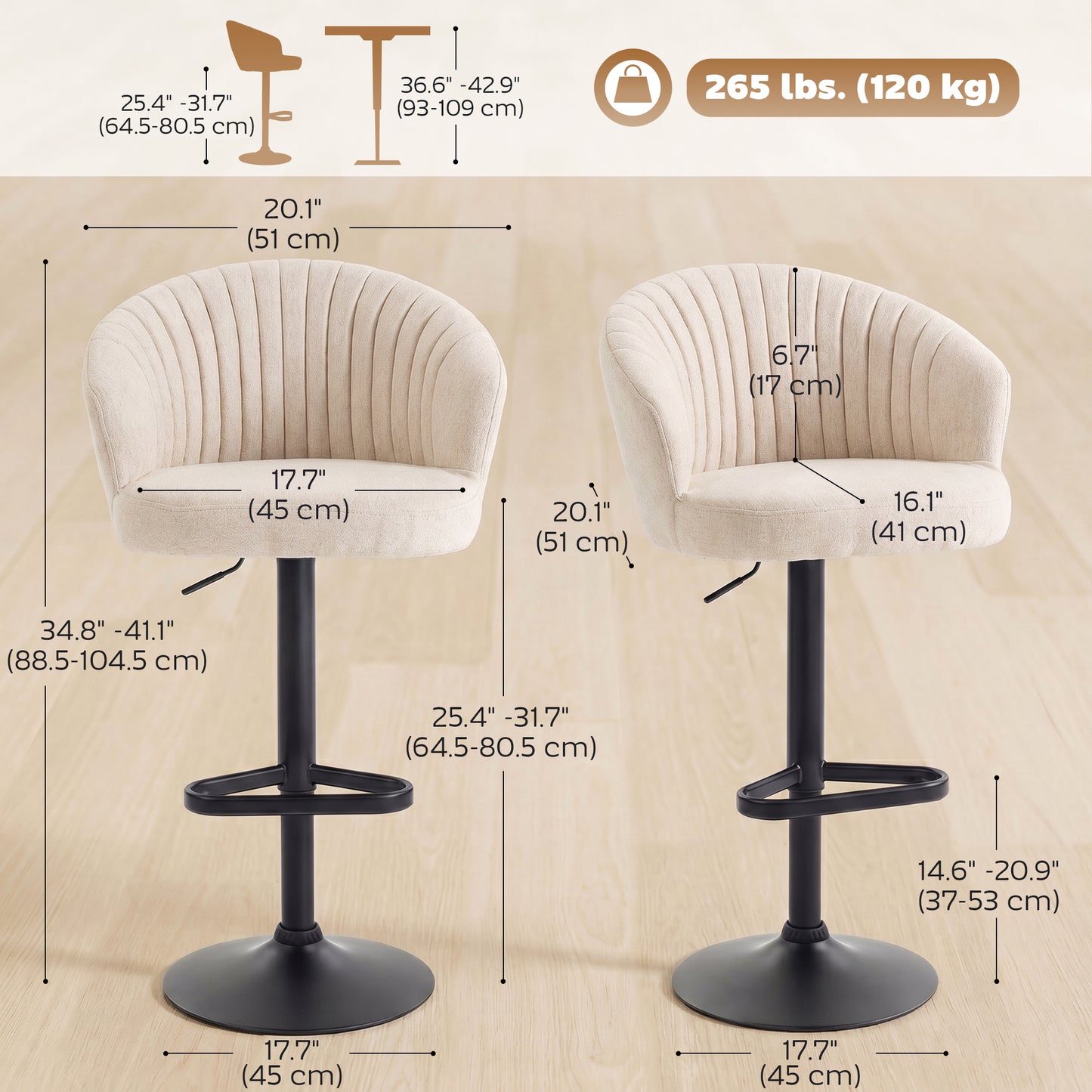 HOMCOM Swivel Adjustable HeightBar Stools Set of 2 Beige