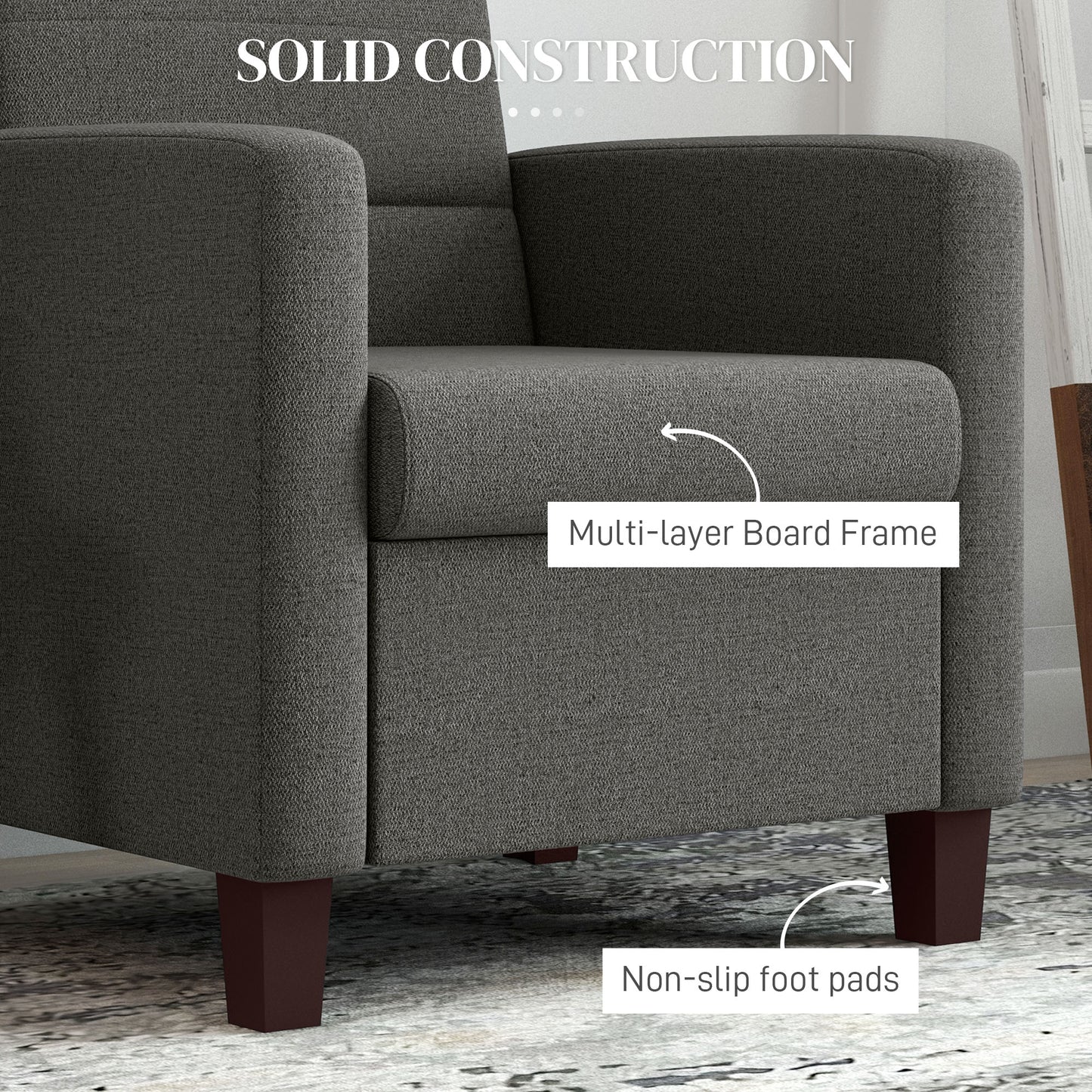 HOMCOM Modern Fabric Accent Chair with Cushion, Non-Slip Pads, Dark Grey