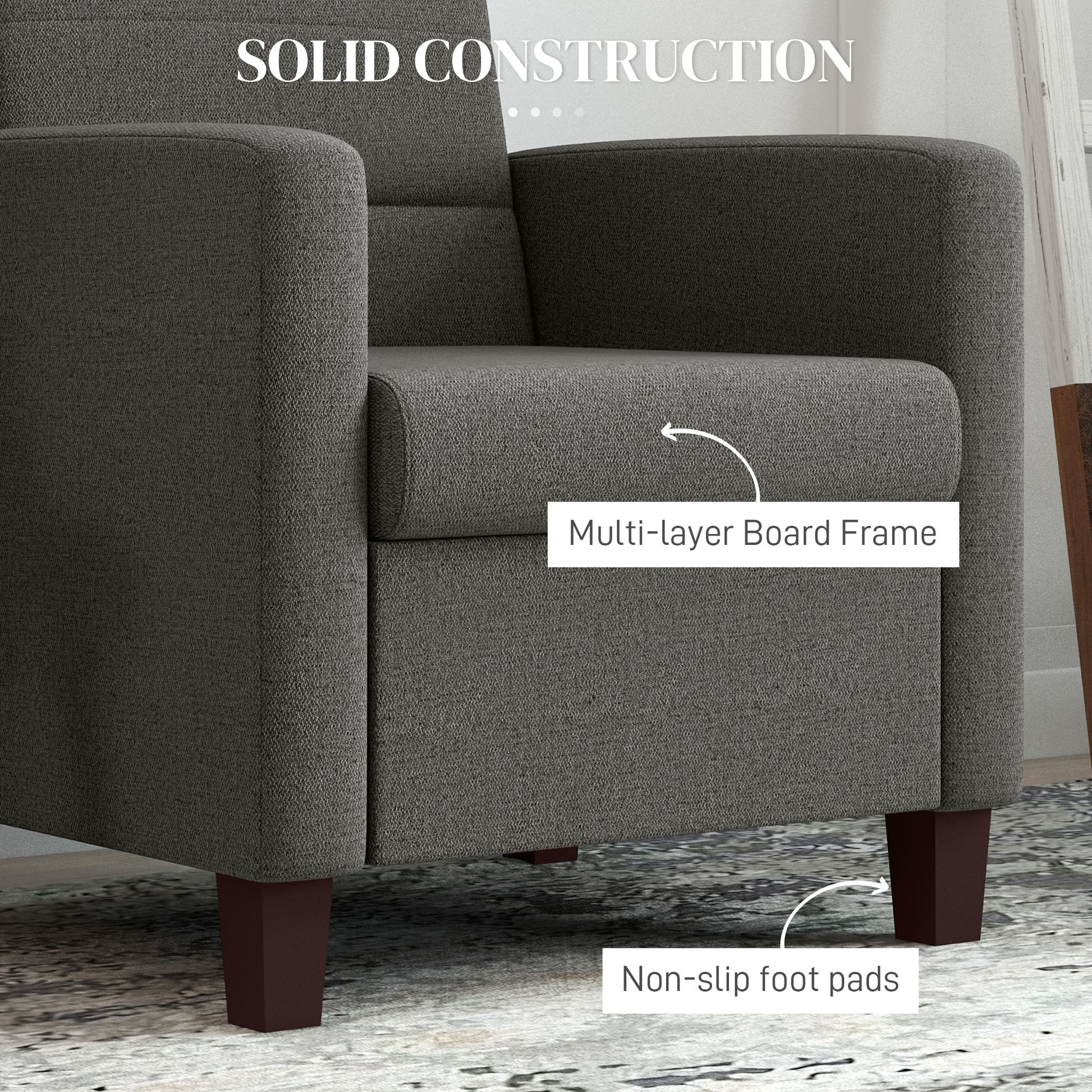 HOMCOM Modern Dark Grey Fabric Accent Chair, Cushioned Seat, Non-Slip Pads