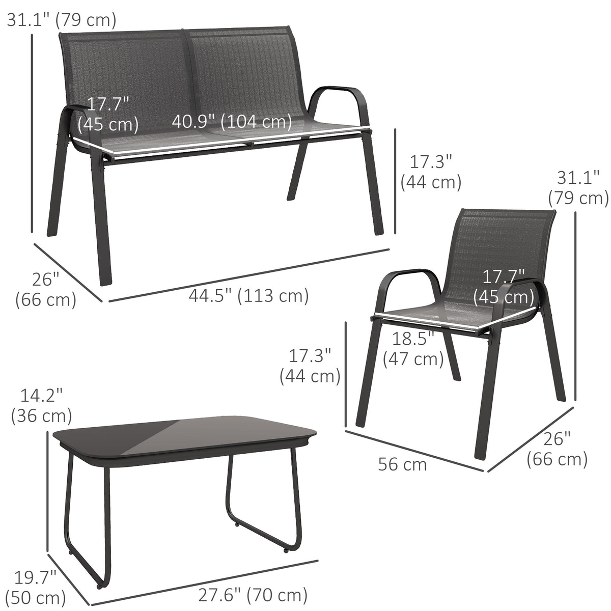 4 Pieces Outdoor Furniture Set with 2 Stackable Chairs, Loveseat, Patio Conversation Set with Glass Coffee Table