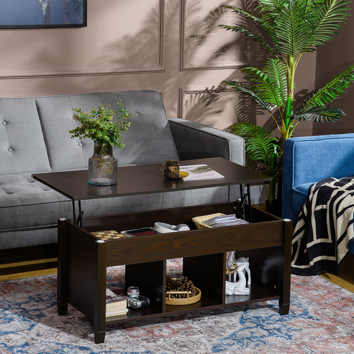 41" Lift-Top Coffee Table with Hidden Compartment and 3 Open Shelves