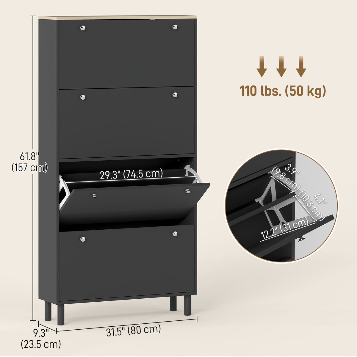 Narrow Shoe Cabinet with 4 Flip Drawers – 31"W x 62"H