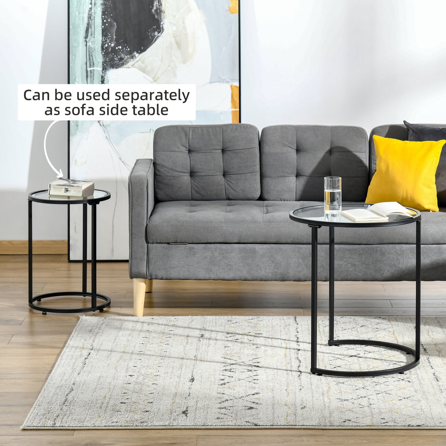 Modern Black Nesting Coffee Tables Set: Round Tempered Glass Top