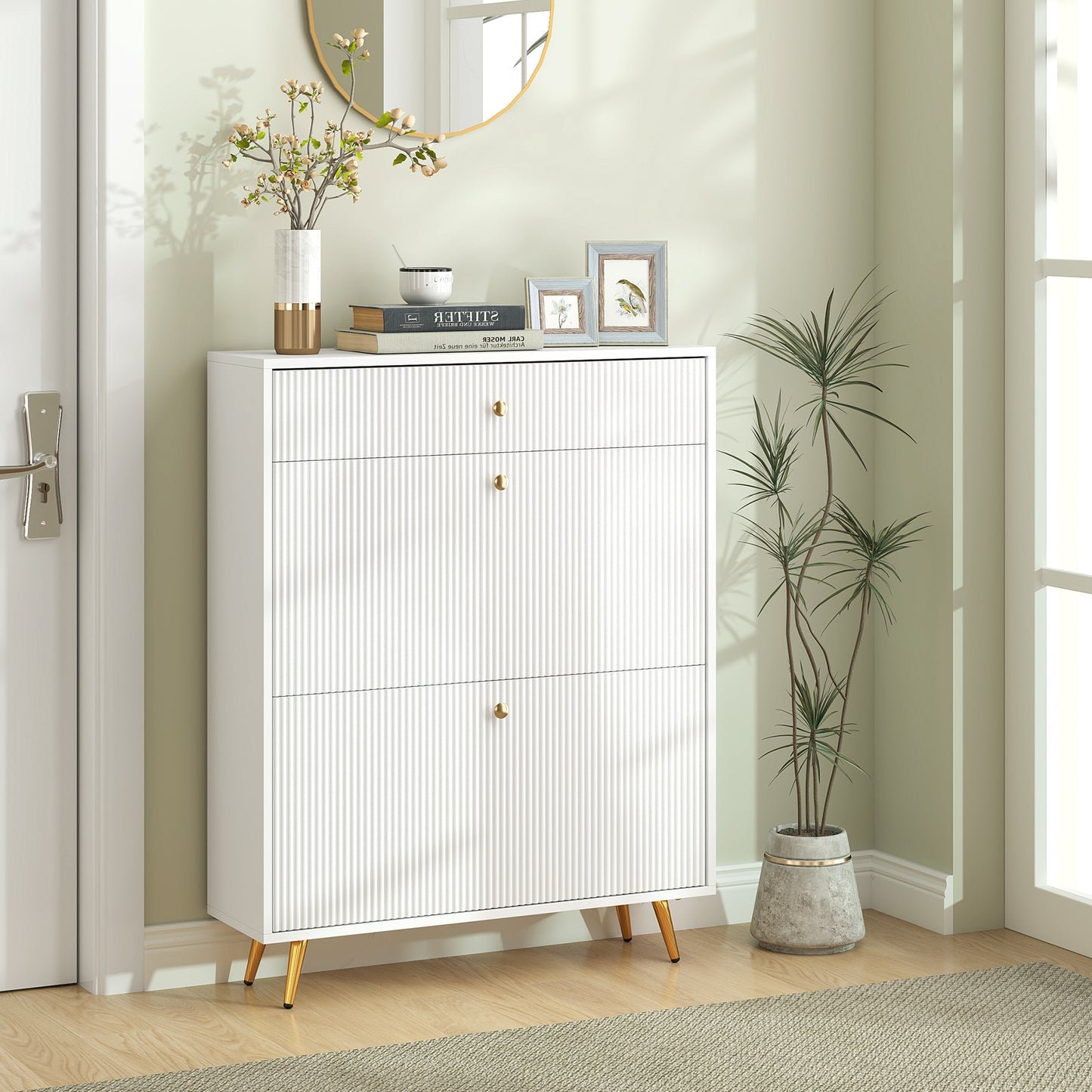 Narrow Shoe Storage Cabinet with Wave-like Panels and Adjustable Shelves for 12 Pairs of Shoes, White