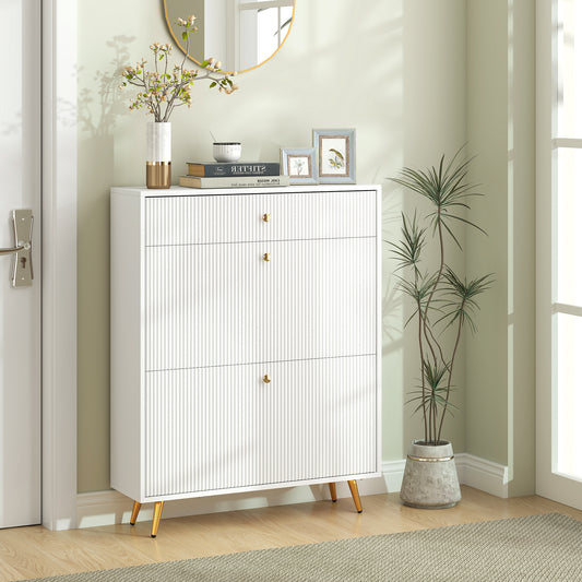 Narrow Shoe Storage Cabinet with Wave-like Panels and Adjustable Shelves for 12 Pairs of Shoes, White