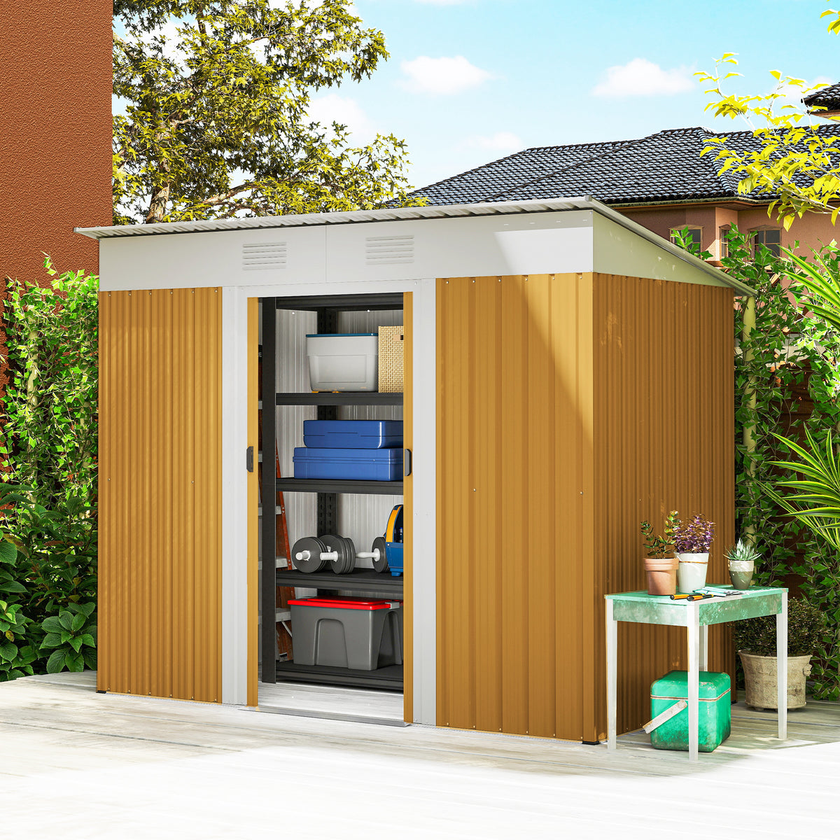 7' x 3.6' Outdoor Storage Shed, Metal Garden Tool Storage House Organizer with Lockable Sliding Doors and Vents for Backyard Patio Lawn – Yellow