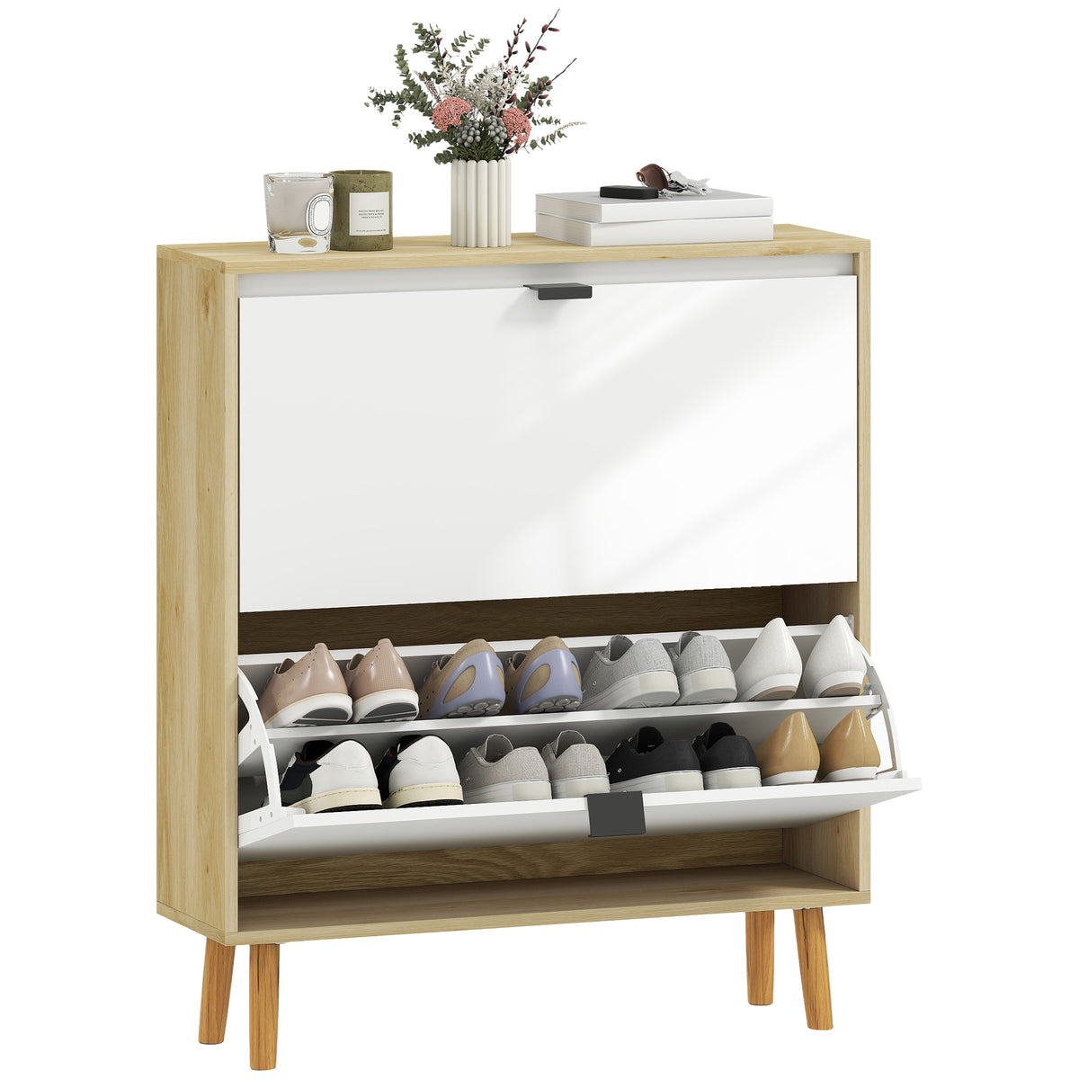 High Gloss Narrow Shoe Cabinet with 2 Flip Drawers – 32"W x 36"H