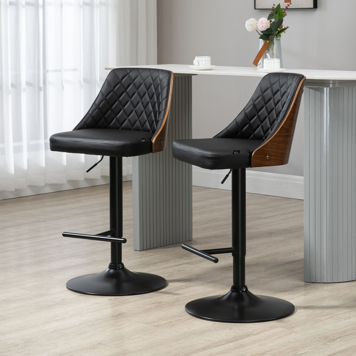 PU Leather Swivel Bar Height Stools with Wood Back, Adjustable, Set of 2, Black