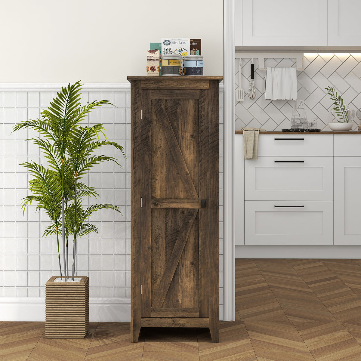Farmhouse Kitchen Pantry Storage Cabinet with Barn Door – 17"W x 48"H